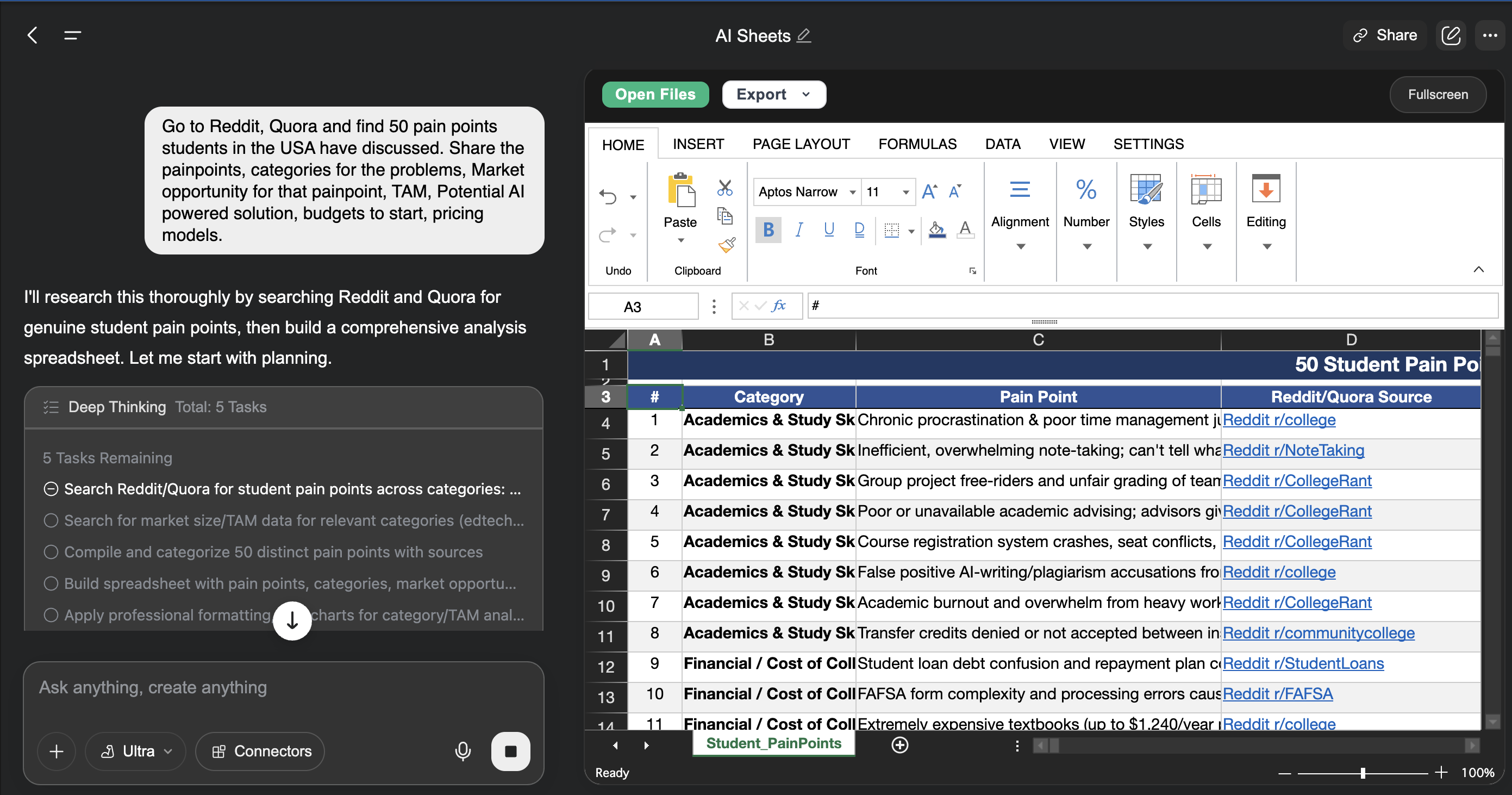 Genspark AI Sheets showing a prompt to research 50 student pain points on Reddit and Quora alongside a spreadsheet of results